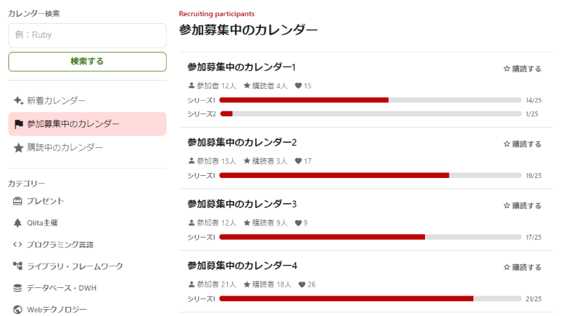 参加者募集中カレンダーの一覧画像